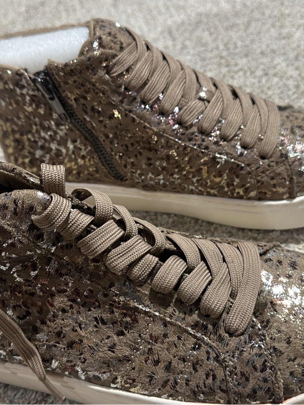 Women's Metallic Taupe Lace-Up Flats with Side Zip